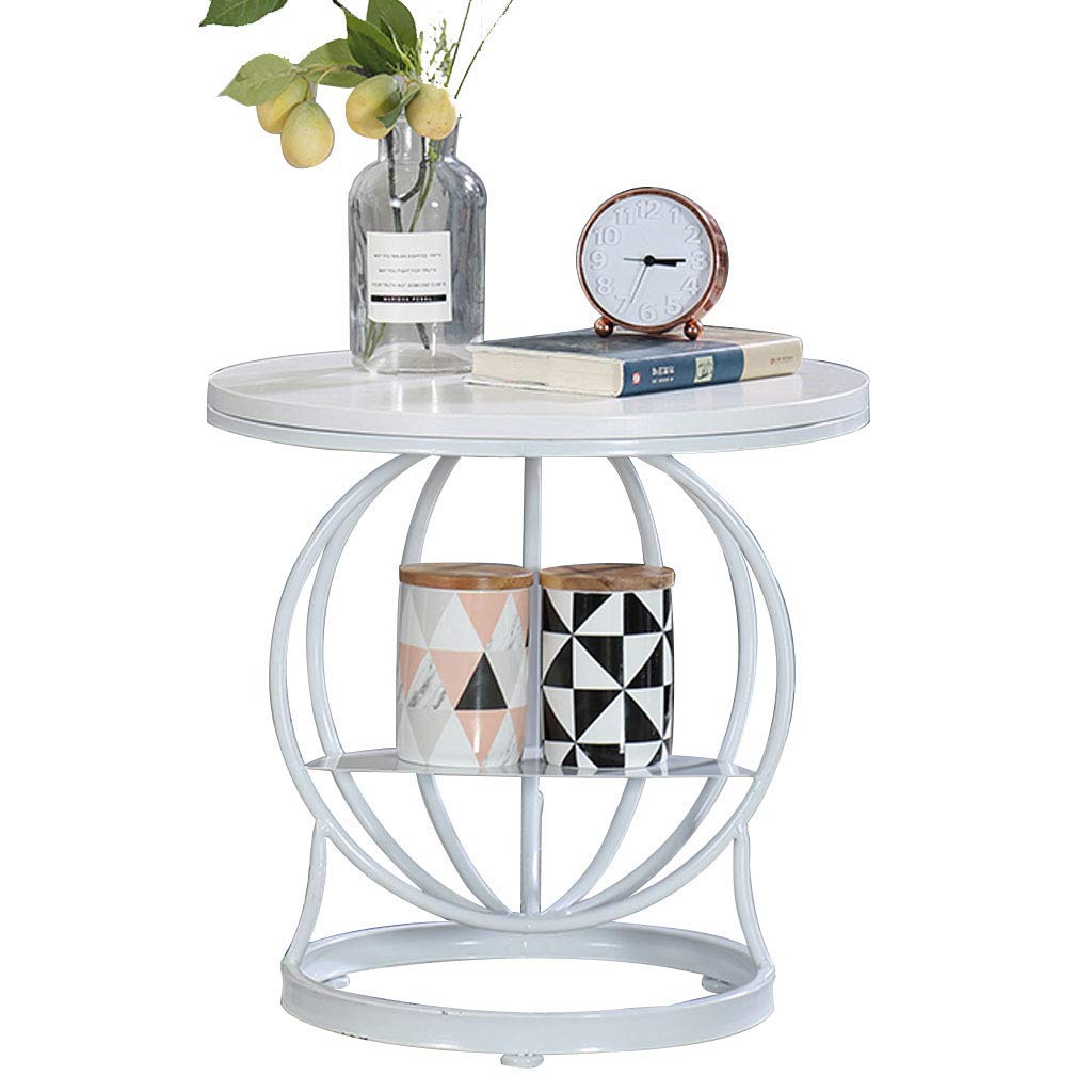 Petite table de chevet ronde nordique blanche et bout de canapé bois métal à 2 niveaux