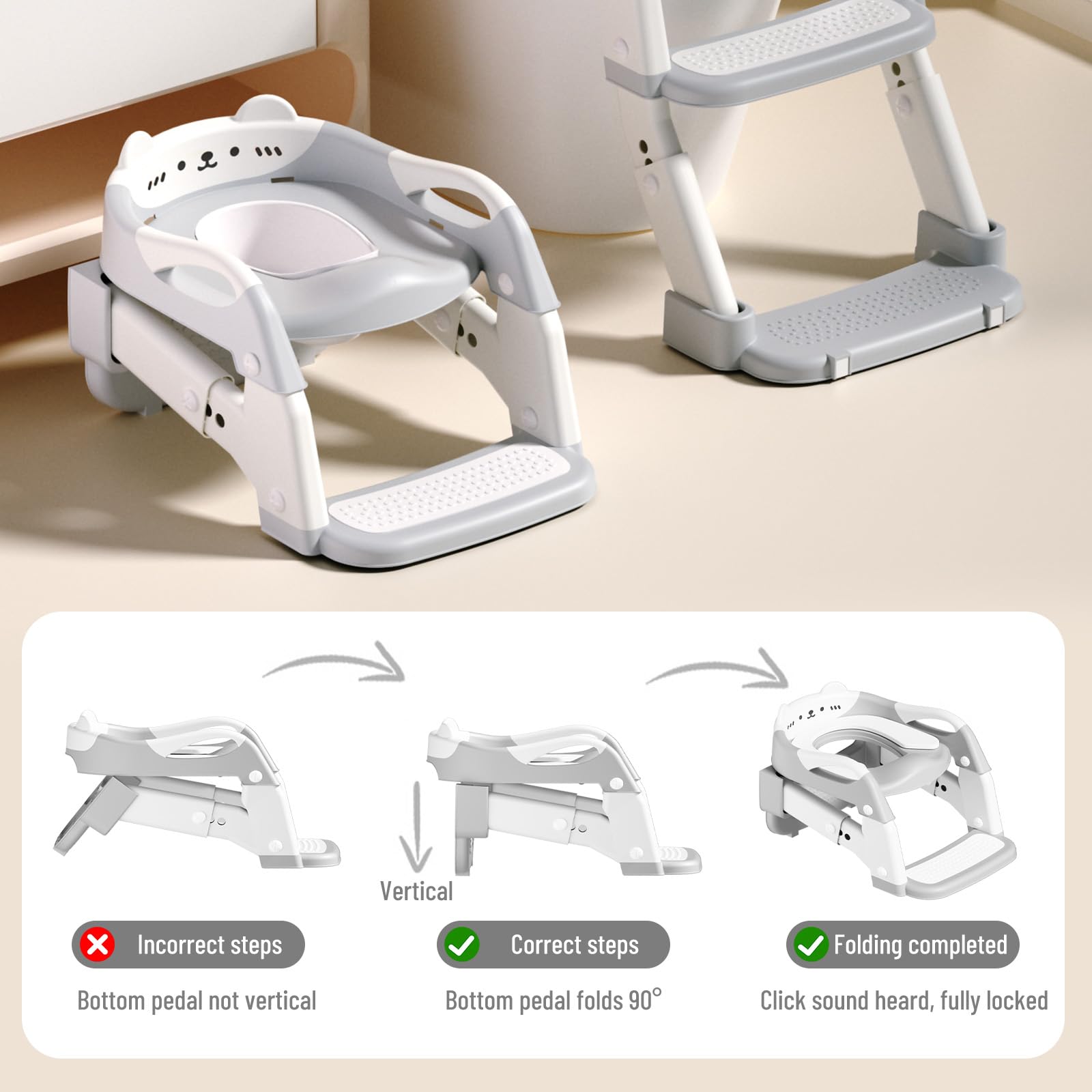 Reducteur Toilette Enfant, Siège Toilette Enfants 3 en 1 Trainer Pot WC, Siège de Toilette, Rehausseur Toilette Enfant avec Coussin pour Enfants Garçons et Filles, Réglable en Hauteur (Gris)
