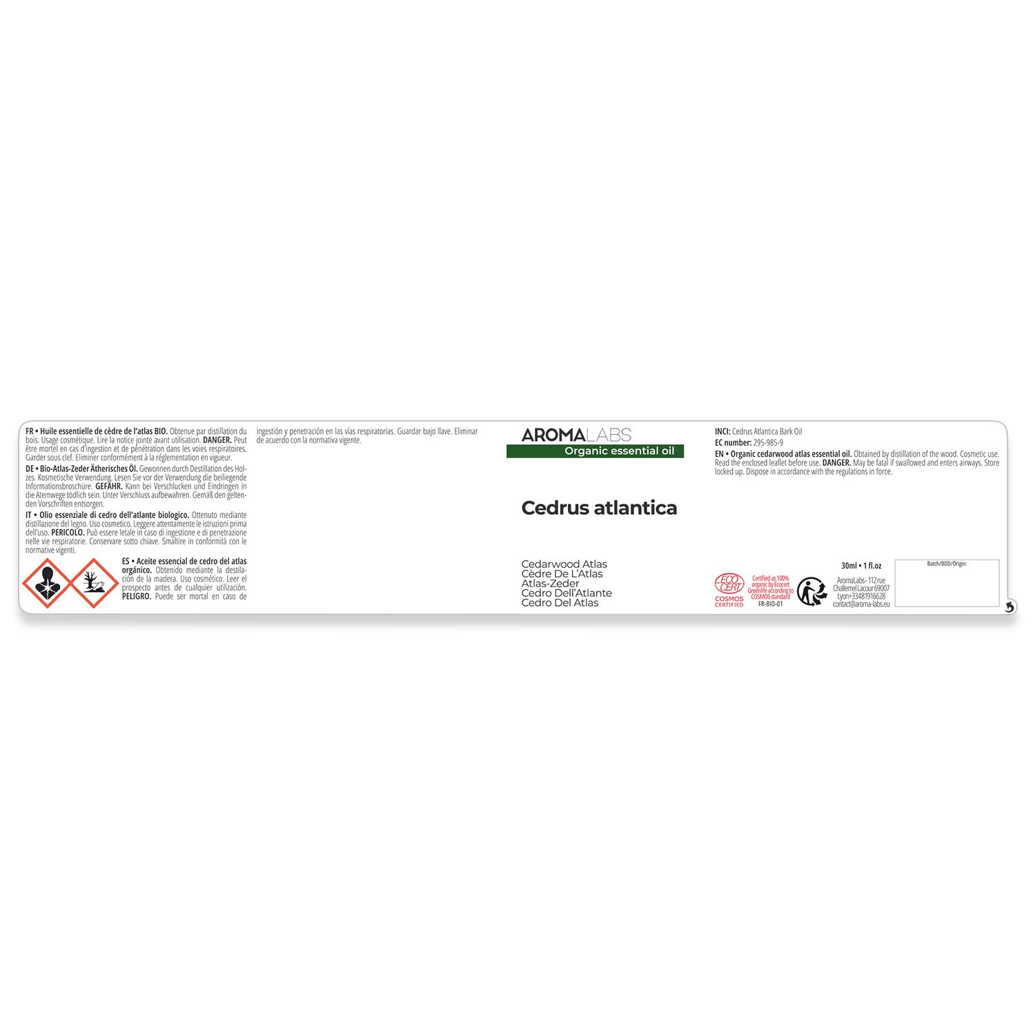 Cedro dell’Atlante BIO (Cedrus atlantica) - 30 mL - Olio Essenziale Chemiotipizzato e Certificato AB/Cosmos - Aroma Labs - Made in France