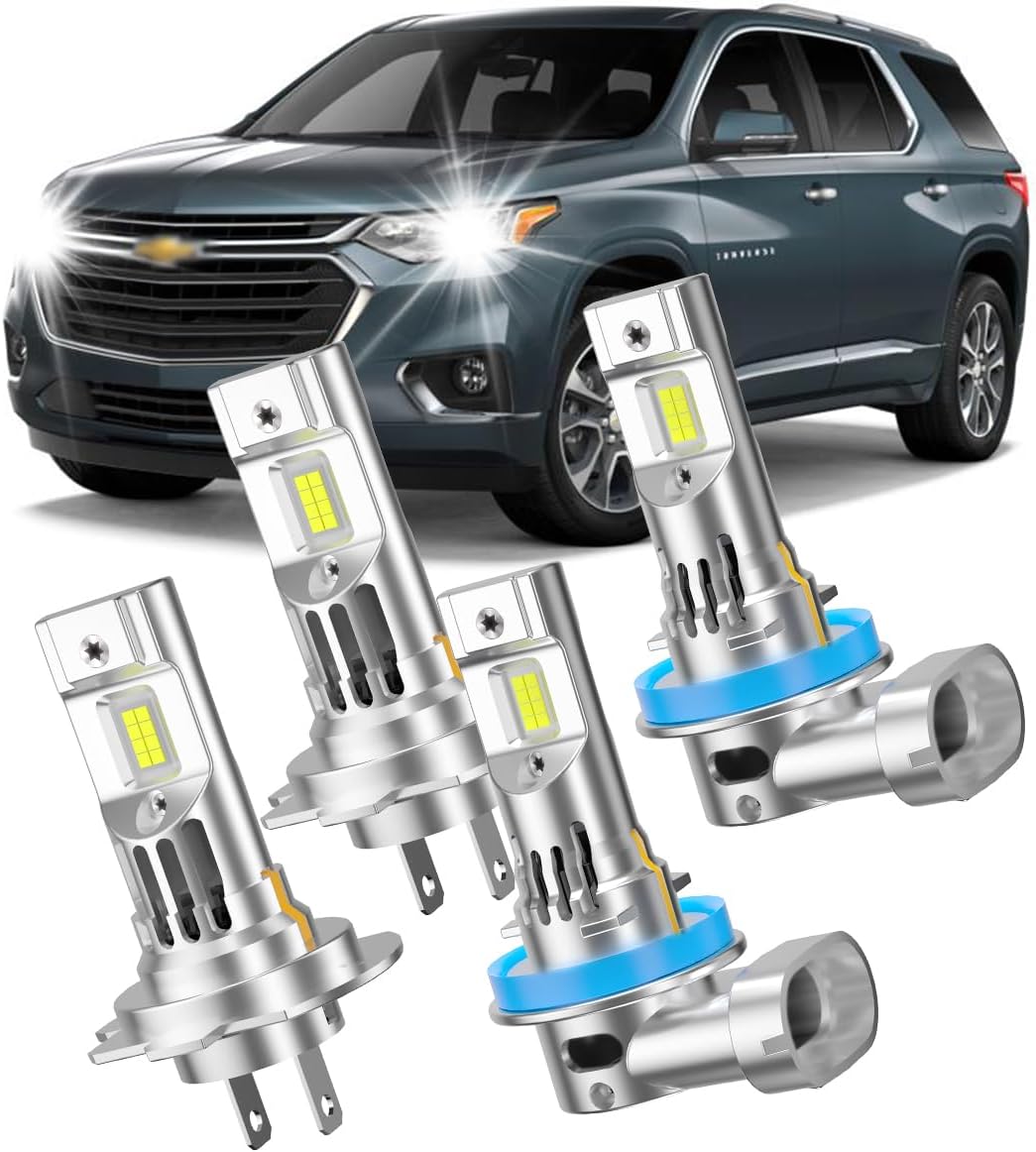 Fit For 2013-2018 Chevy Traverse Front Light Bulbs,High Beam H7 & Low Beam H11 Light Bulbs Combo Pack, 6500K White Ture Plug and Play Bulbs with Built-in FAN, Pack of 4