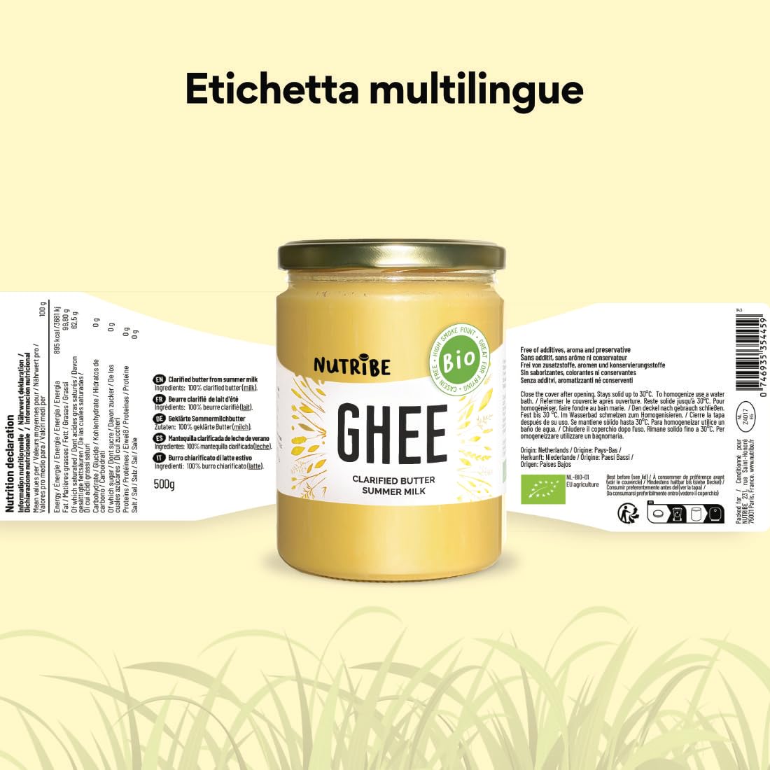 Nutribe Ghee BIO 500g | Burro Chiarificato da Latte di Mucche al Pascolo | Ideale per Keto, Paleo e Frittura | Ricetta Ayurvedica Pura