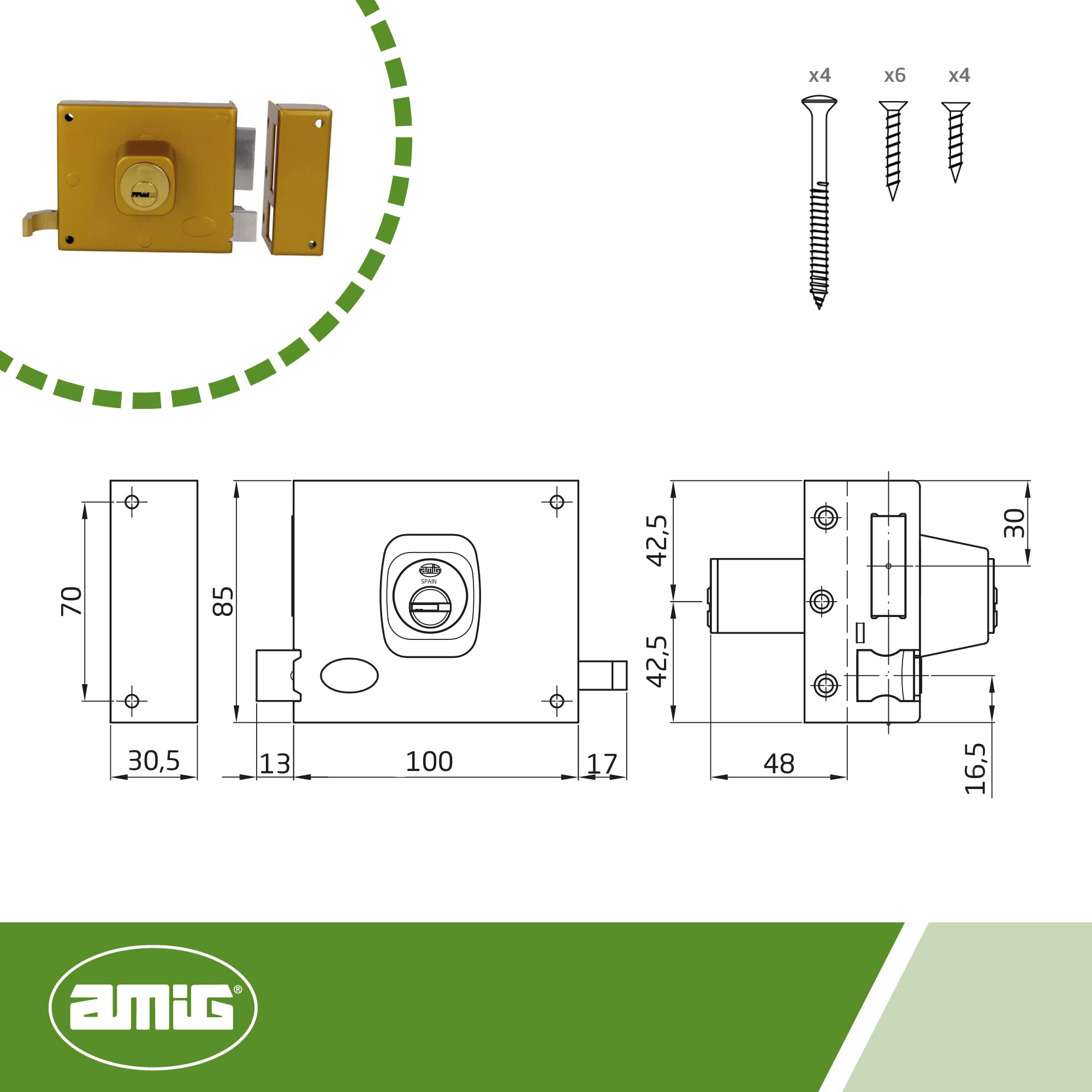 Amig - Cerradura de Sobreponer de Derecha con Palanca de Cierre, Lengüeta y Tirador para Puertas de Madera Mod. 72-100 x 85 mm - Pestillo Con Cilindro Redondo - Acero Esmaltado Oro