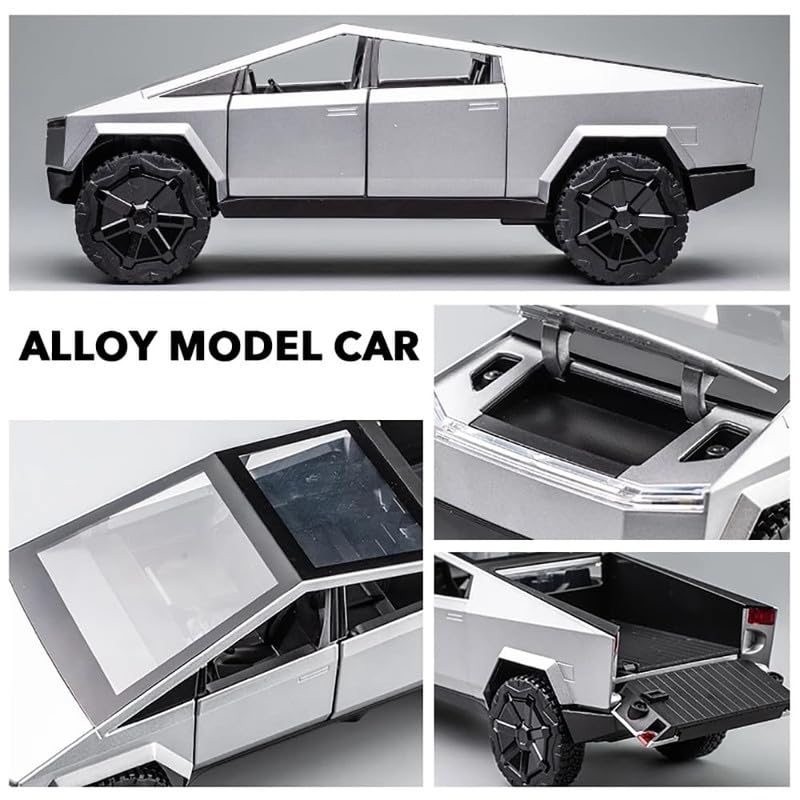 Image of New 1:24 CyberTruck Diecast Alloy Metal Pull Back Car with Openable Doors Music Sound and Light Vehicle Toy Car for Kids Boys (Silver)