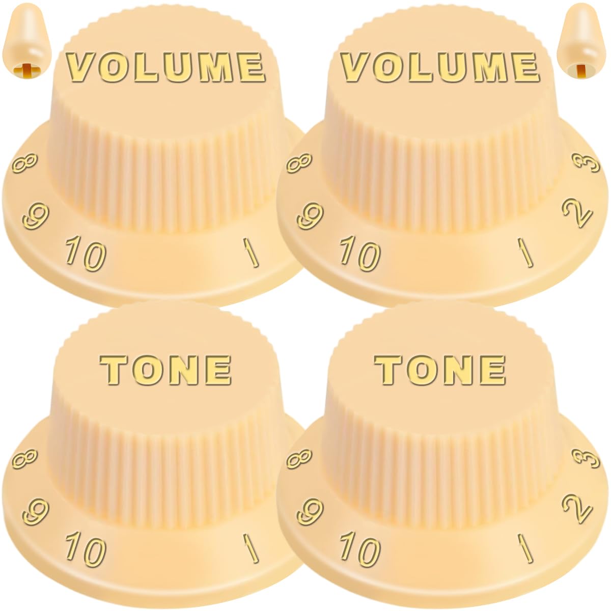 4PCS Guitar Control Knobs 2 Volume 2 Tone Top Hat Guitar Bell Knobs 6mm ID Cream Plastic with M3.5 Tip Caps for Fender Strat Style Electric Guitars