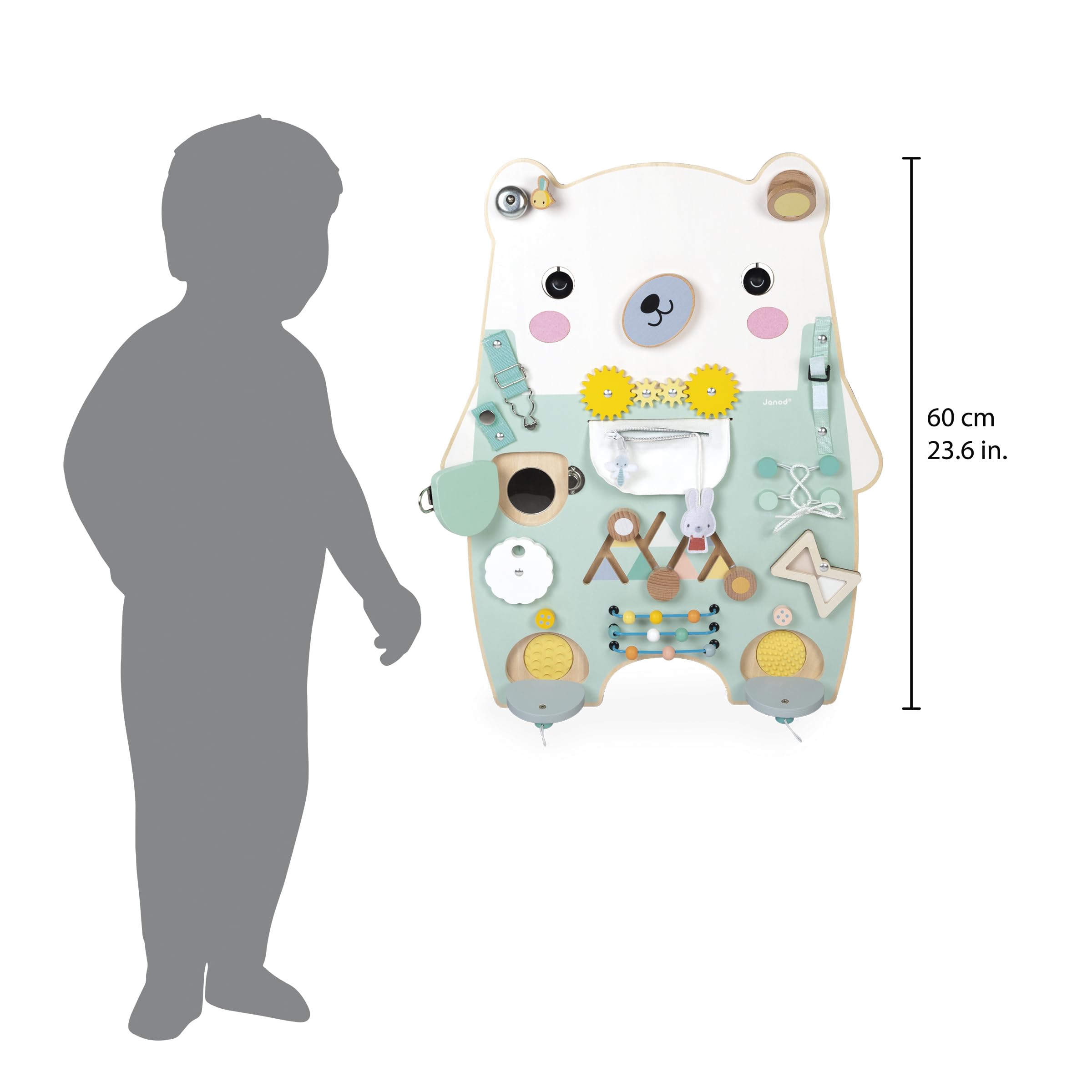 Janod Busy Board Ourson, 20 attività, Grande Tavolo di attività in Legno, Ottime per Lo Sviluppo della motricità fine, la curiosità e la destrezza, Altezza 60 cm, da 18 Mesi, J05162