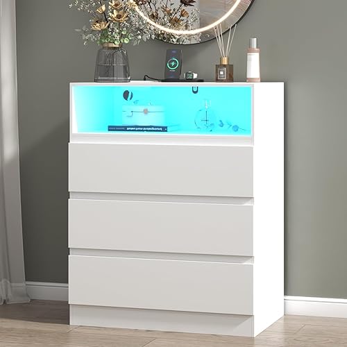 Gyfimioe 3 Drawer Dresser with Power Outlet, White Dresser Chest of Drawer with LED Light,Modern Drawer Organizer Cabinet for Bedroom,Living Room (3 Drawer- White)