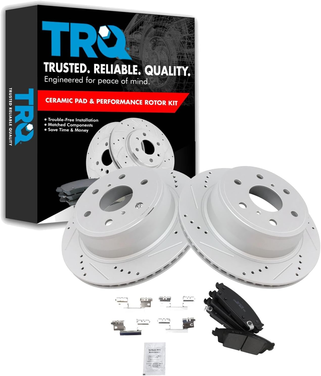 TRQ Rear Brake Pad & Rotor Set Ceramic Coated Drilled Slotted Rotors Compatible with 2014-2018 Chevrolet Silverado Sierra 1500 2015-2020 Suburban Tahoe Yukon XL Cadillac Escalade 2019 1500 Limited