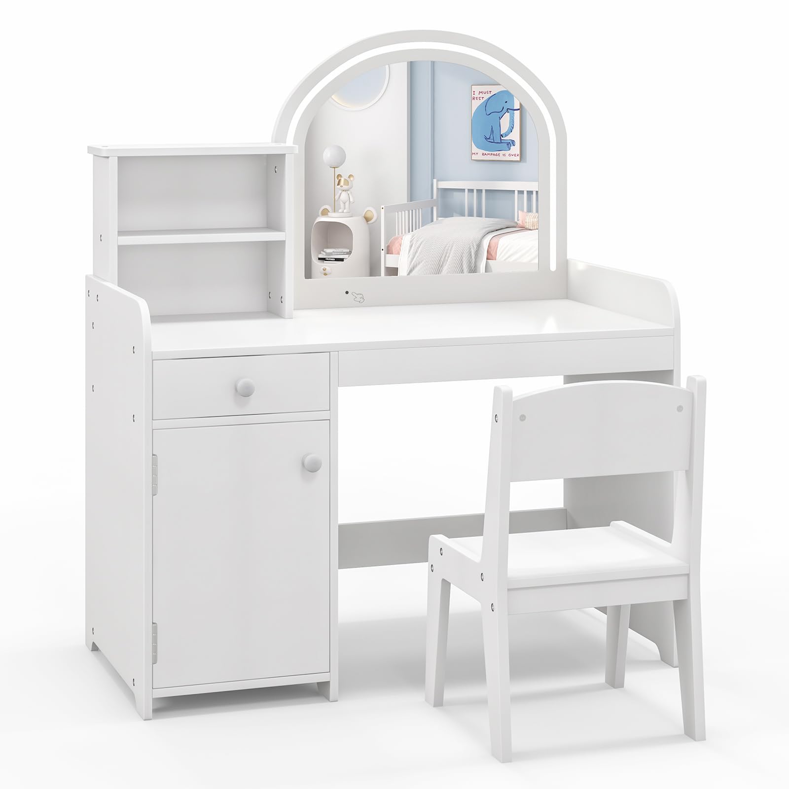 DREAMADE Coiffeuse Enfants Fille avec Tabouret&Lumières LED,2 en 1 Bureau Enfants 3+Ans avec Miroir&Dispositif Anti-Bascule,Table de Maquillage Princesse avec 2 Etagères&Tiroir,Charge 50KG (Blanc)