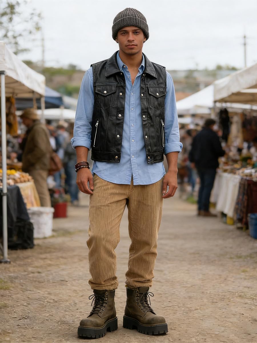 Men's Classic Collared Leather Vest Sleeveless Waistcoat with Snap Buttons & Zipper Pockets