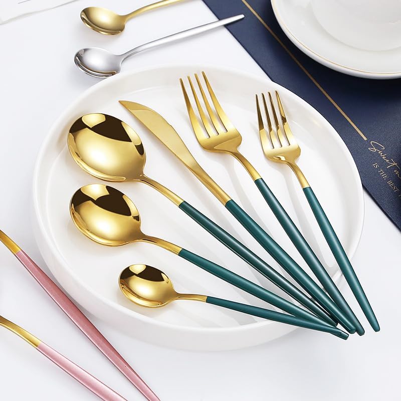 Silverware Flatware Set, 6/24/36/48 Pieces Portable Stainless Steel Knives, Forks And Spoons Tableware Set Steak Knives And Forks Household Stainless Steel Spoons And Forks (Color : Gold,