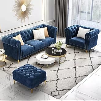 Modern & Classic 4 Seater Fabric & Valvet Tufted 3+1+1 Footrest Chesterfield Sofa for Living Room, Dining Room and Office-(Blue).