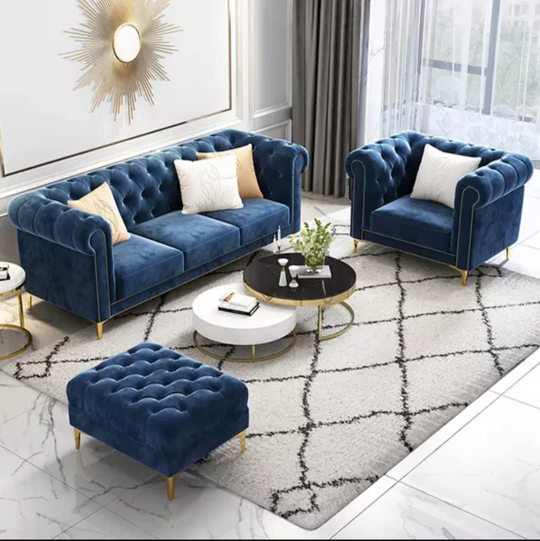 ANTIQUE WOOD ART Modern & Classic 4 Seater Fabric & Valvet Tufted 3+1+1 Footrest Chesterfield Sofa for Living Room, Dining Room and Office-(Blue).