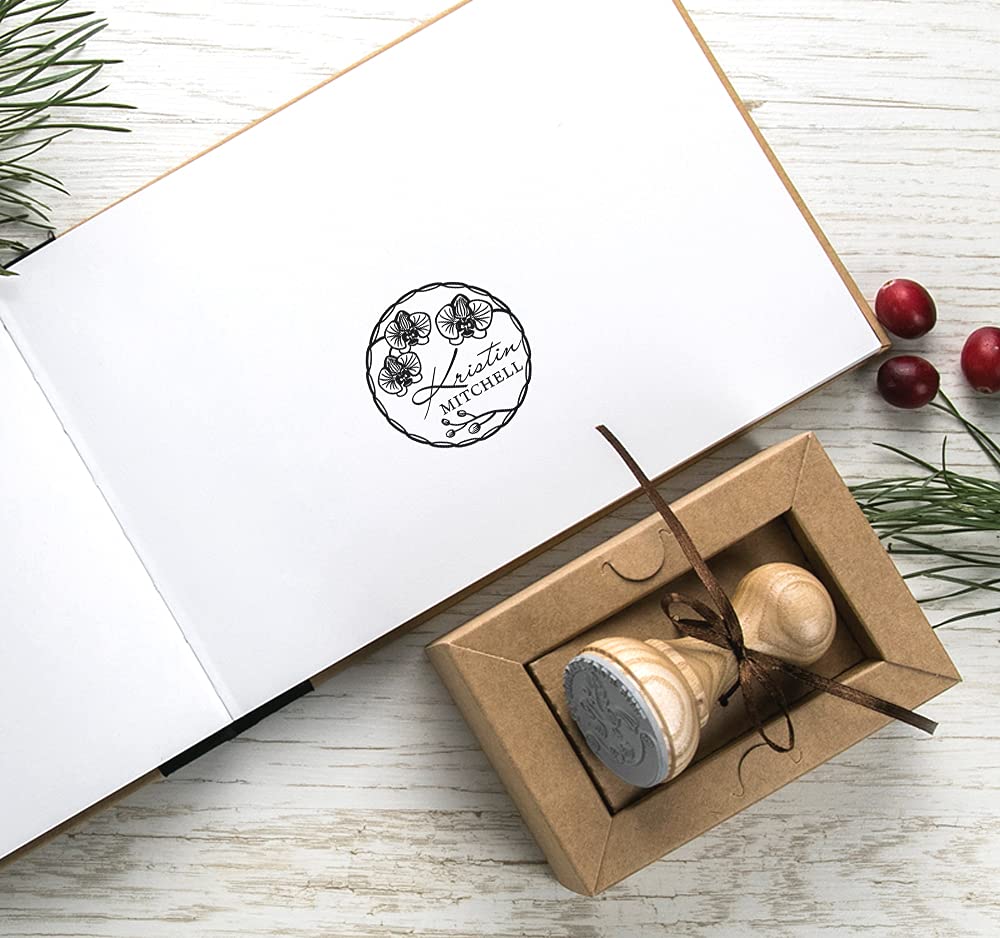Stempel Personalisiert Blumenkranz Orchideen, Holz Rund 37mm, Spezielle Kraft Geschenkbox