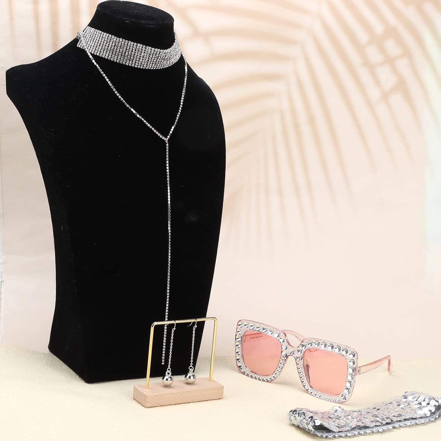 7 Pc Silver Disco Set - 1970s Disco Accessories: Sparkling Sunglasses, Wire Coil Bracelets, Layered Necklace, Mesh Grid Tassel Earrings, Sequin Headband - Image 5