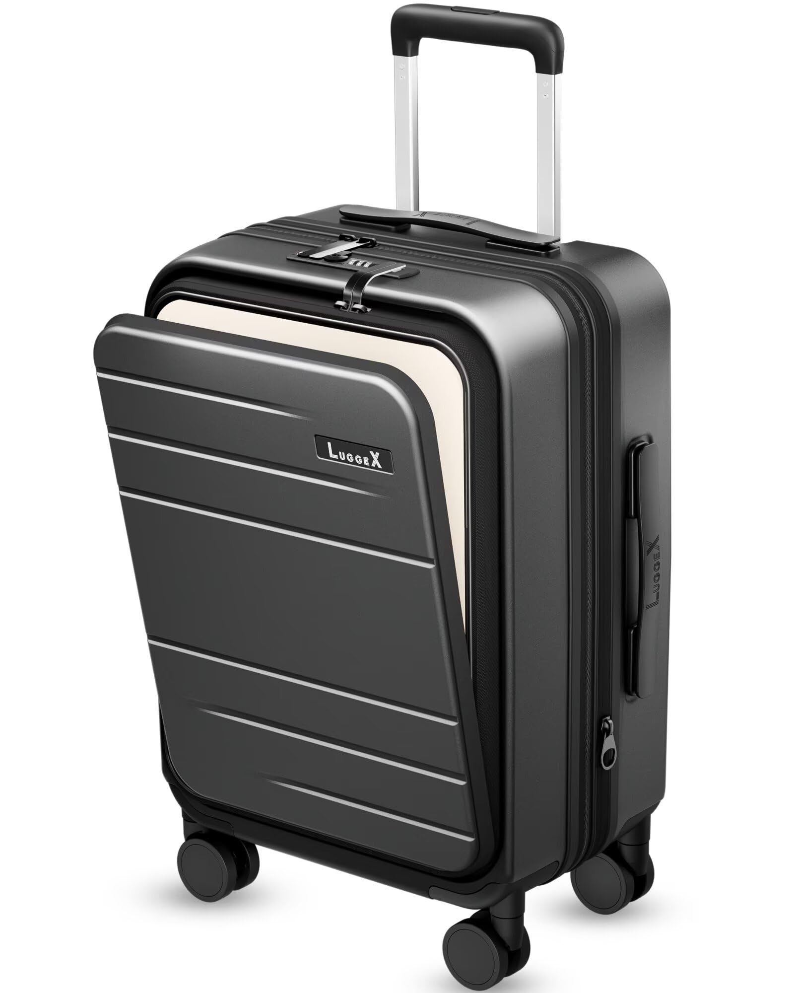 Carry On Luggage 22x14x9 Airline Approved, FLO5 Expandable Polycarbonate Suitcase with Front Pocket (FX-Core, Black, 20 Inch) ( USED)