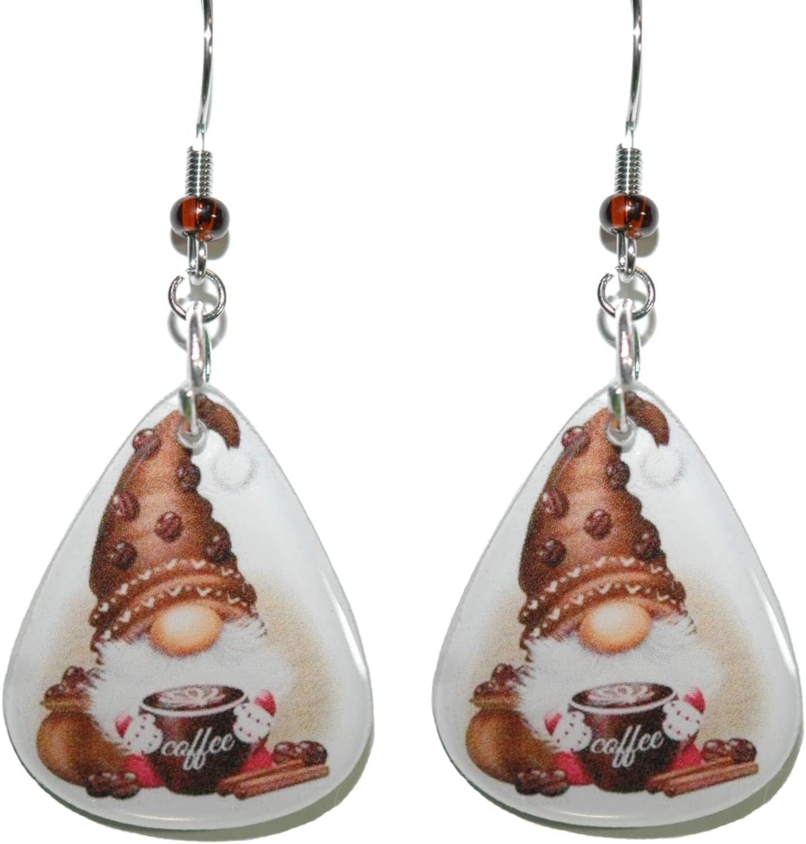 Cute Brown Coffee Gnome Teardrop Guitar Pick 2 Sided Dangle Earrings (GP053)