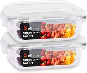 KIT 2 Potes de Vidro Retangular com Tampa Hermética 640ml Cor: Transparente