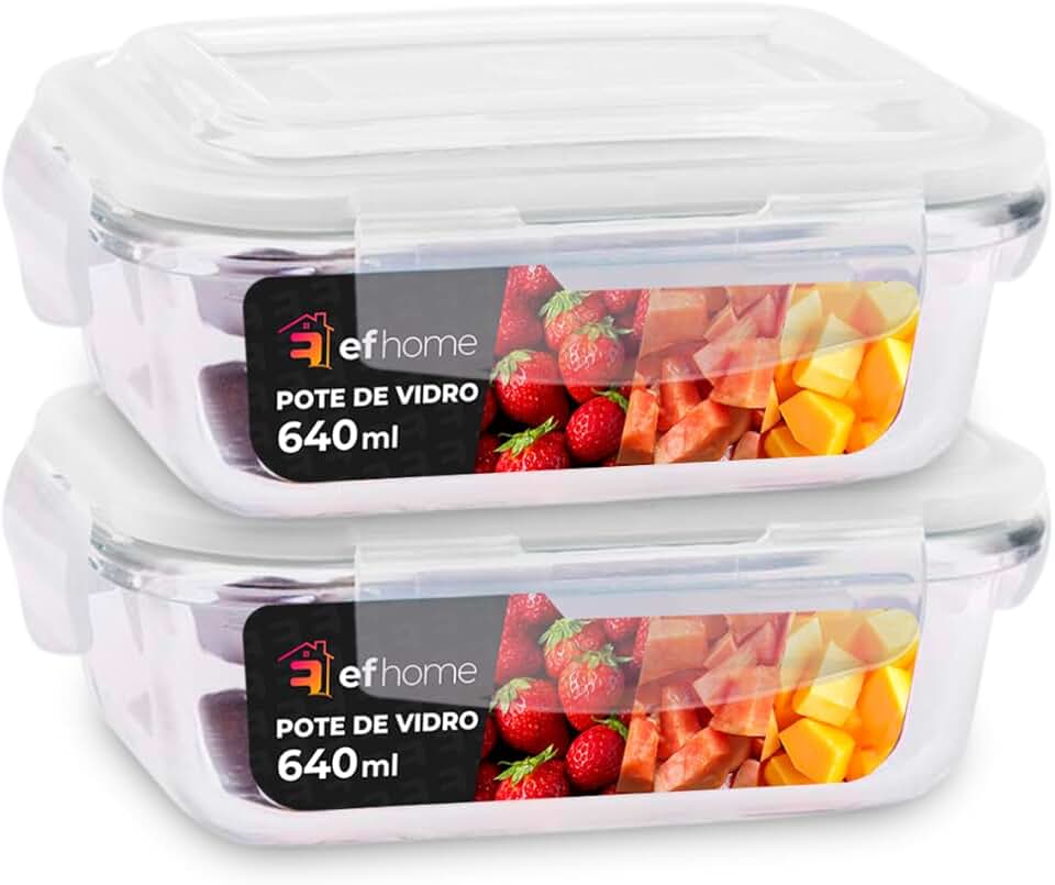 KIT 2 Potes de Vidro Retangular com Tampa Hermética 640ml Cor: Transparente