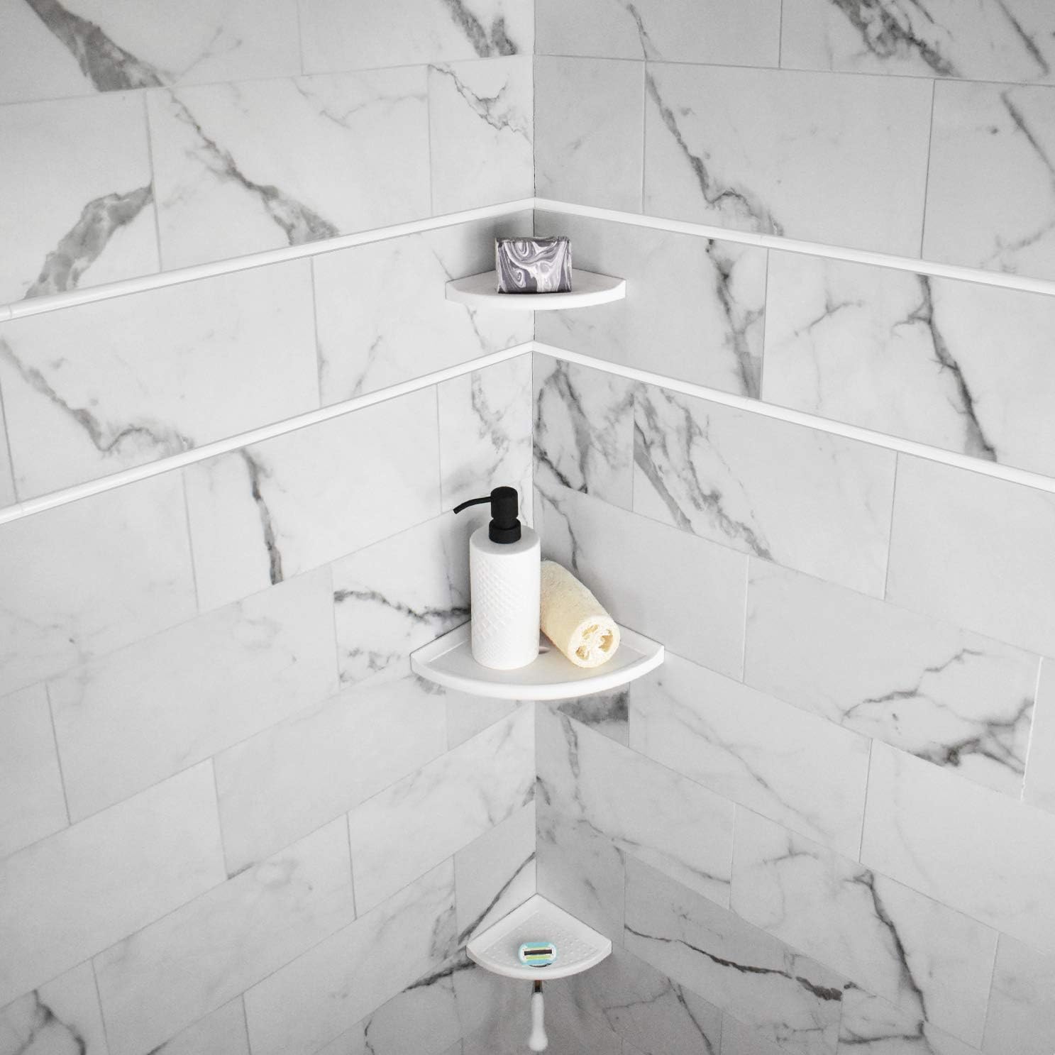 Questech 8" Corner Shower Shelf, Retrofit Shower Organizer for Tile Walls, Corner Caddy Soap Dish Bathroom Storage, Metro Flatback, Bright White Matte