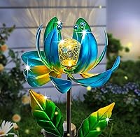 SUCUY Solar Lotus Flower Wind Spinner - Metal Garden Stake with Crackle Glass Globe Warm White LED Lights for Patio Pathway Lawn