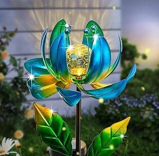 SUCUY Solar Lotus Flower Wind Spinner - Metal Garden Stake with Crackle Glass Globe Warm White LED Lights for Patio Pathway Lawn