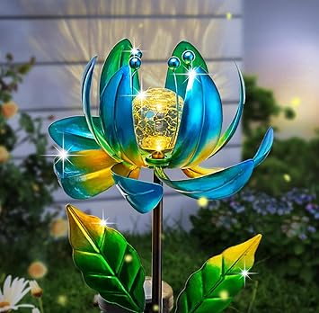 Solar Yard Lights Wind Spinners- Metal Lotus Flower Garden Decor LED Crackle Glass Globe Yard Art Sculpture Solar Stake Lights for Patio Pathway Lawn Walkway