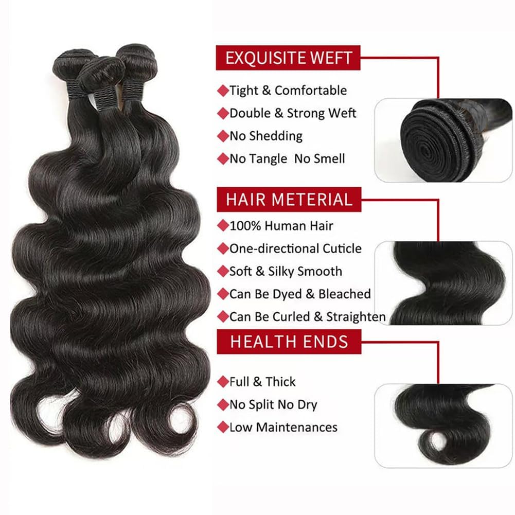 Body Wave Human Hair 3 Bundles (20 22 24) 100% Unprocessed Brazilian Virgin Human Hair Extensions Brazilian Body Wave Weave Bundles Soft and Silky Natural Black Wavy Hair Quick Weave Bundle for Women