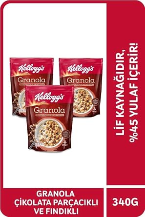 Kellogg's Çikolata Parçacıklı&Fındıklı Granola 340 Gr x 3 Adet,%44 Yulaf içerir,Lif Kaynağı