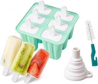 6-Cavity Reusable Popsicle Mold (2×3 Mint Green) with 6 Reusable Sticks, Silicone Funnel & Cleaning Brush – for Juice, Yogurt & Fruit Frozen Treats, Summer Dessert Mold for Family Kitchen