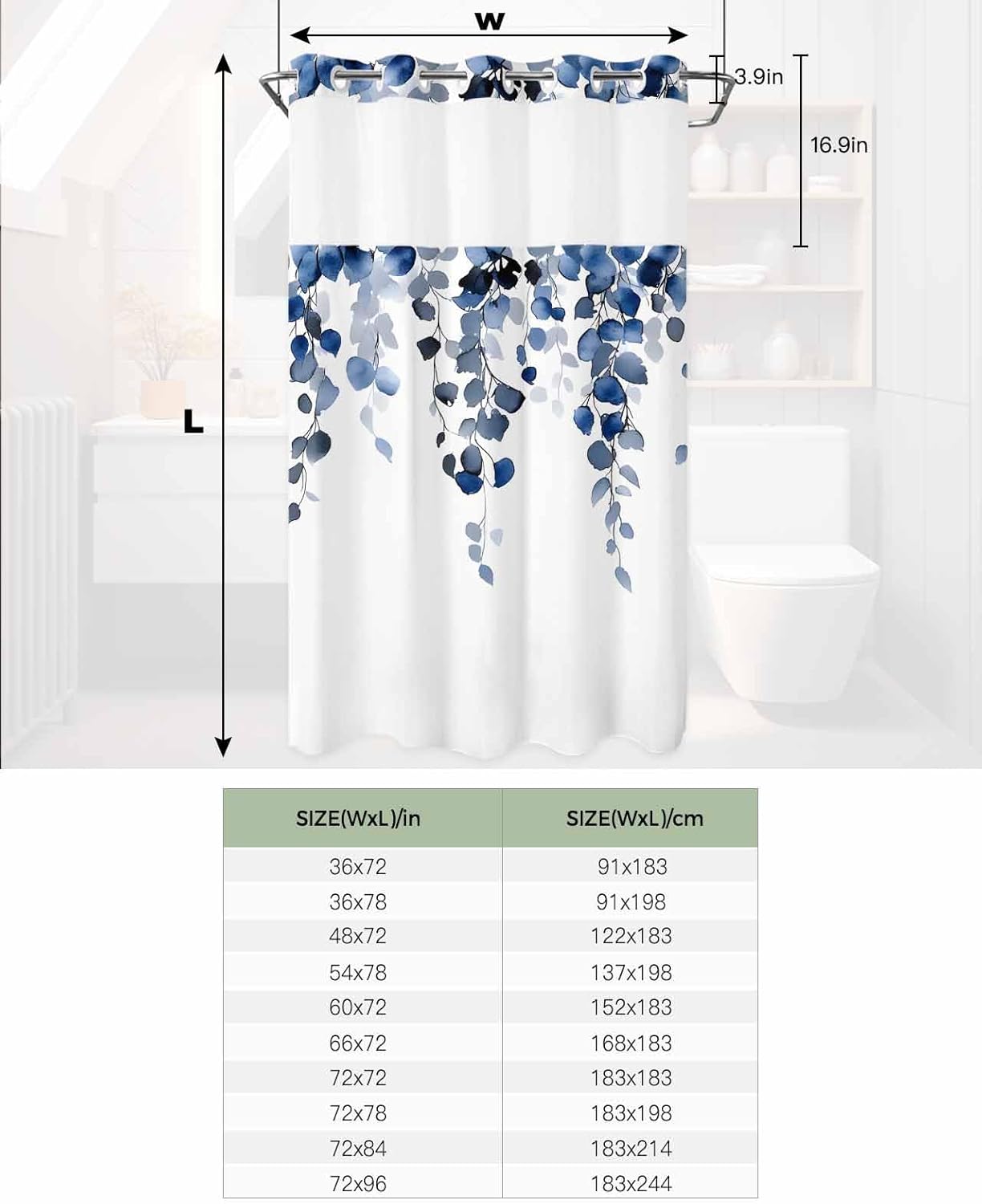 No Hook Shower Curtain with Snap in Fabric Liner Set- Navy Blue Eucalyptus Leaves Bathroom Curtains with See Through Mesh Top Window,Watercolor Vine Plant Waterproof Double Shower Curtain 36x72In