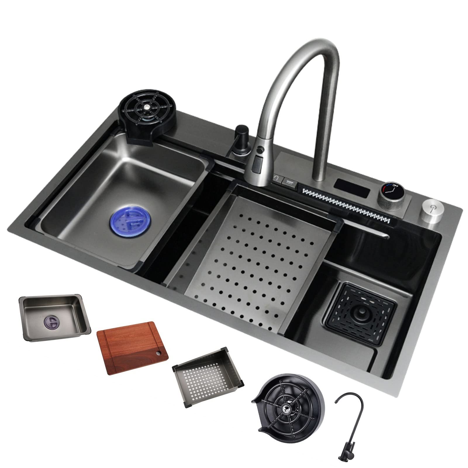 WIQUYBML Waterfall Kitchen Sink, Single Bowl Stainless Steel Drop-in Or Undermount Installation, With Pull-Out Tap, Chopping Board, Cup Washer (Color : Black-Grey, Size 750x460mm)