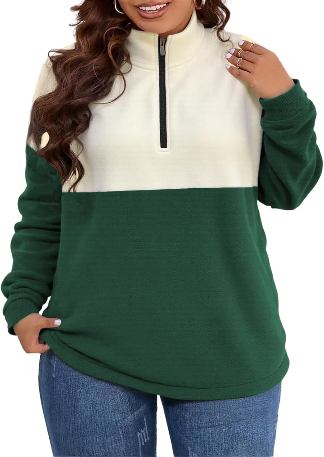 ROSRISS Plus-Size-Sweatshirts-for-Women Oversized Long Sleeve Color Block Shirts Warm Half Zip Polar Fleece Pullover Tops - Image 2