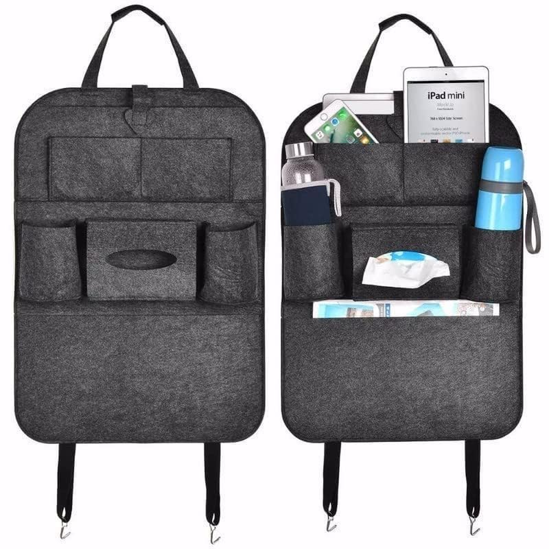 Car Seat Back Organiser, Felt, Multi-Pocket with Tissue Storage, Cup Holders, iPad Holder, Black-image-18