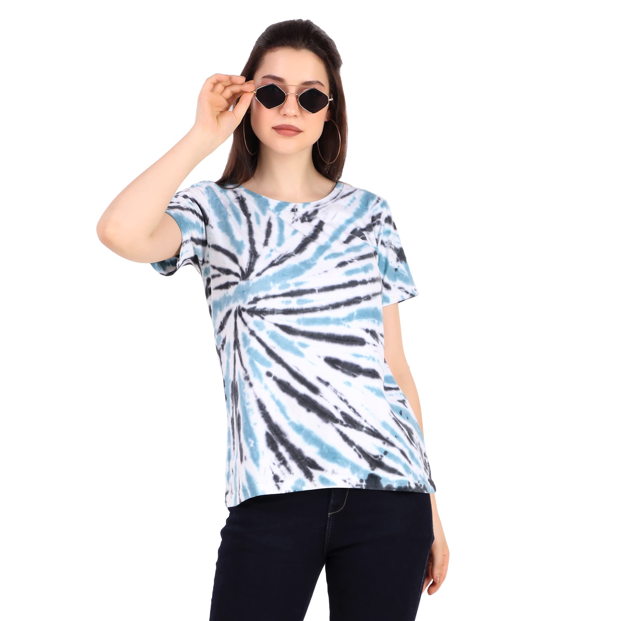 Women's Tie Dye Printed Cotton Tshirt in Ribbed Neck, Regular Fit Half Sleeves Tops for Girls Stylish (Size S - 5XL)