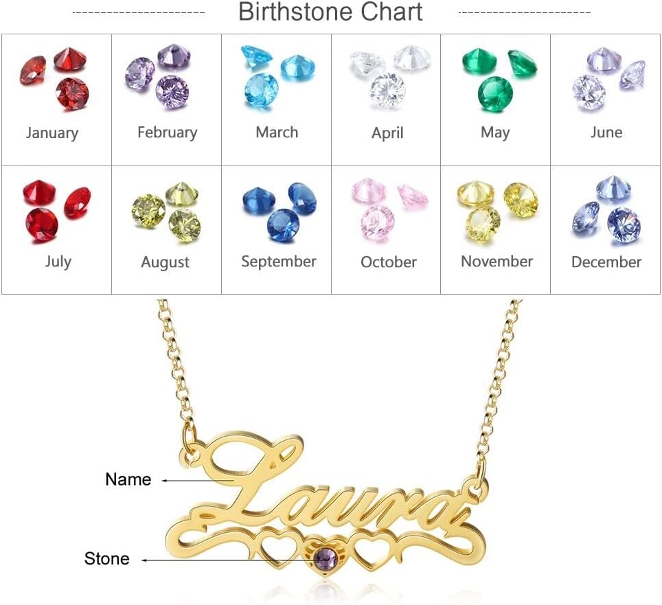 Birthstone Name Necklace – Custom Heart Name Necklace with Engraved Pendant and Birthstone – Personalized Gold, Silver, or Rose Gold Jewelry Gift for Mom, Wife, or Her