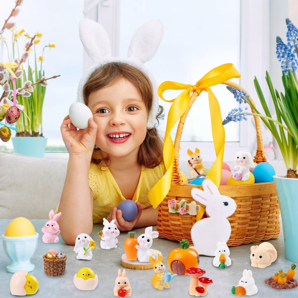 Vellibring 42 Pcs Easter Mini Resin Figurines, Miniature Sculptures Small Farm Bunny Chick Fairy Garden Decor for Dollhouse Easter Egg Fillers Party Favors Supplies DlY Landscape Terrarium