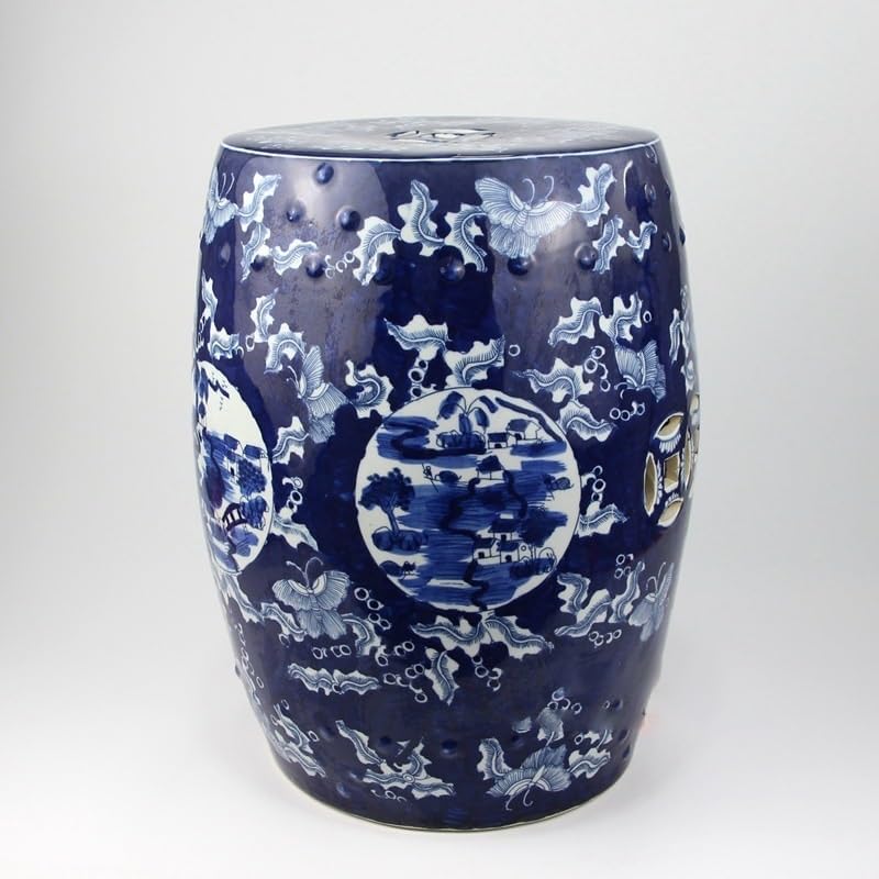Ceramic Garden Stool Decorative Garden Stools Ceramic Blue and White Hand-Painted Tangled Lotus Ceramic Porcelain Stool Bar Stool Drum Stool Embroidery Stool Ornaments Garden Stool(RZMV04)