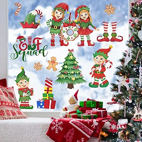Yovkky Christmas Elf Squad Snowflakes Window Clings 9 Sheets, Xmas Tree Gifts Santa Claus Winter Stickers Decal Decor, Gingerbread Man Donuts Bedroom Home Kindergarten Kitchen Decorations Cover