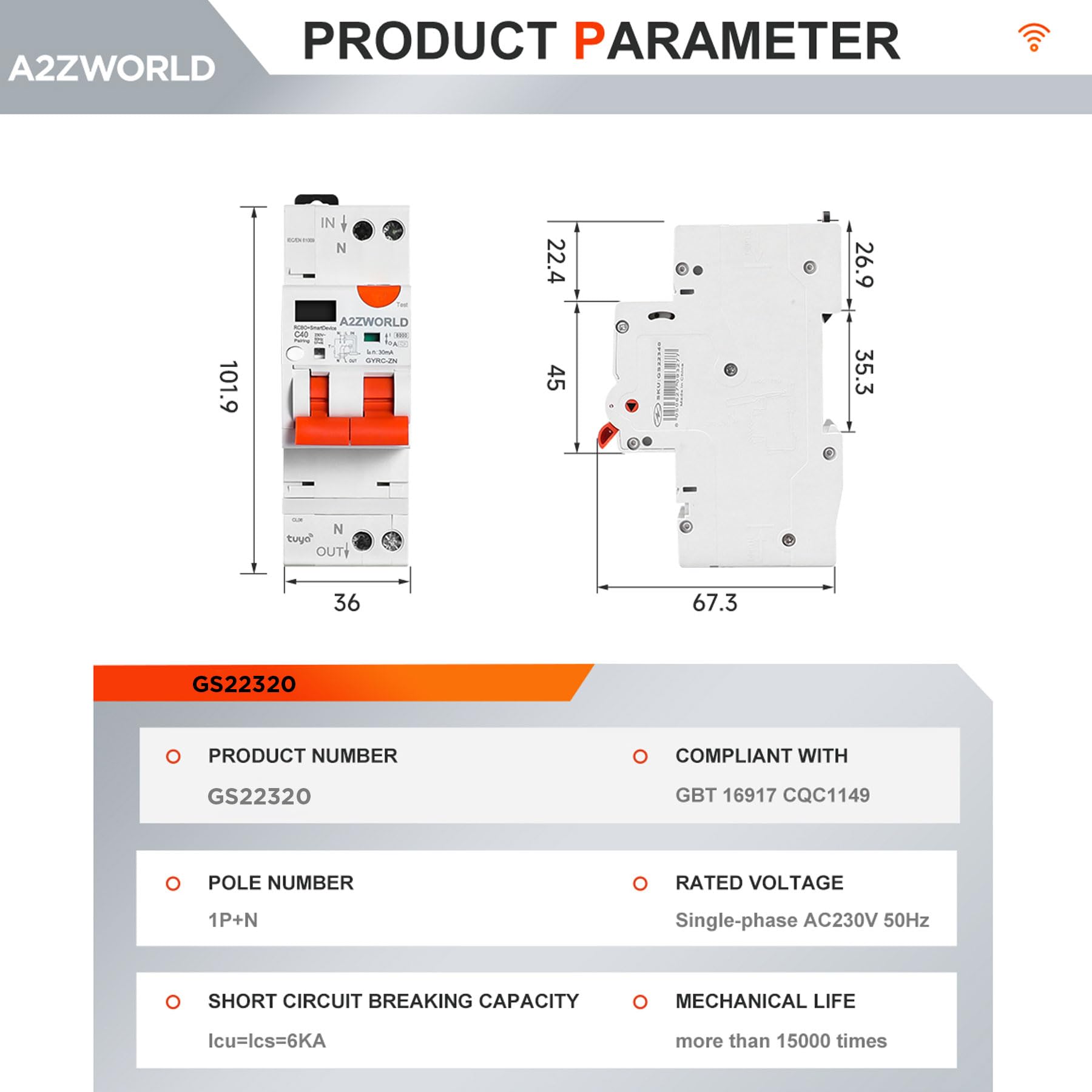 Interrupteur différentiel magnétothermique WiFi avec réarmement automatique et affichage, type A courbe C 30mA 220V, courant nominal réglable 1-20A, 2 modules DIN, application Tuya Smart Life