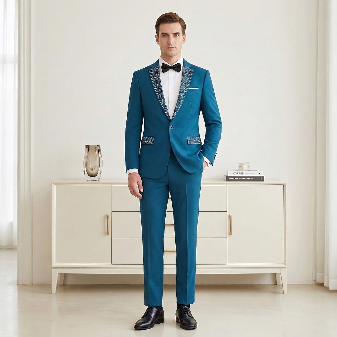 Uomo Strass Risvolto Smoking Giacca & Pantaloni 2 Pezzi Abito Set Slim Fit Elegante Matrimonio Festa Cerimonia Blazer Pantaloni