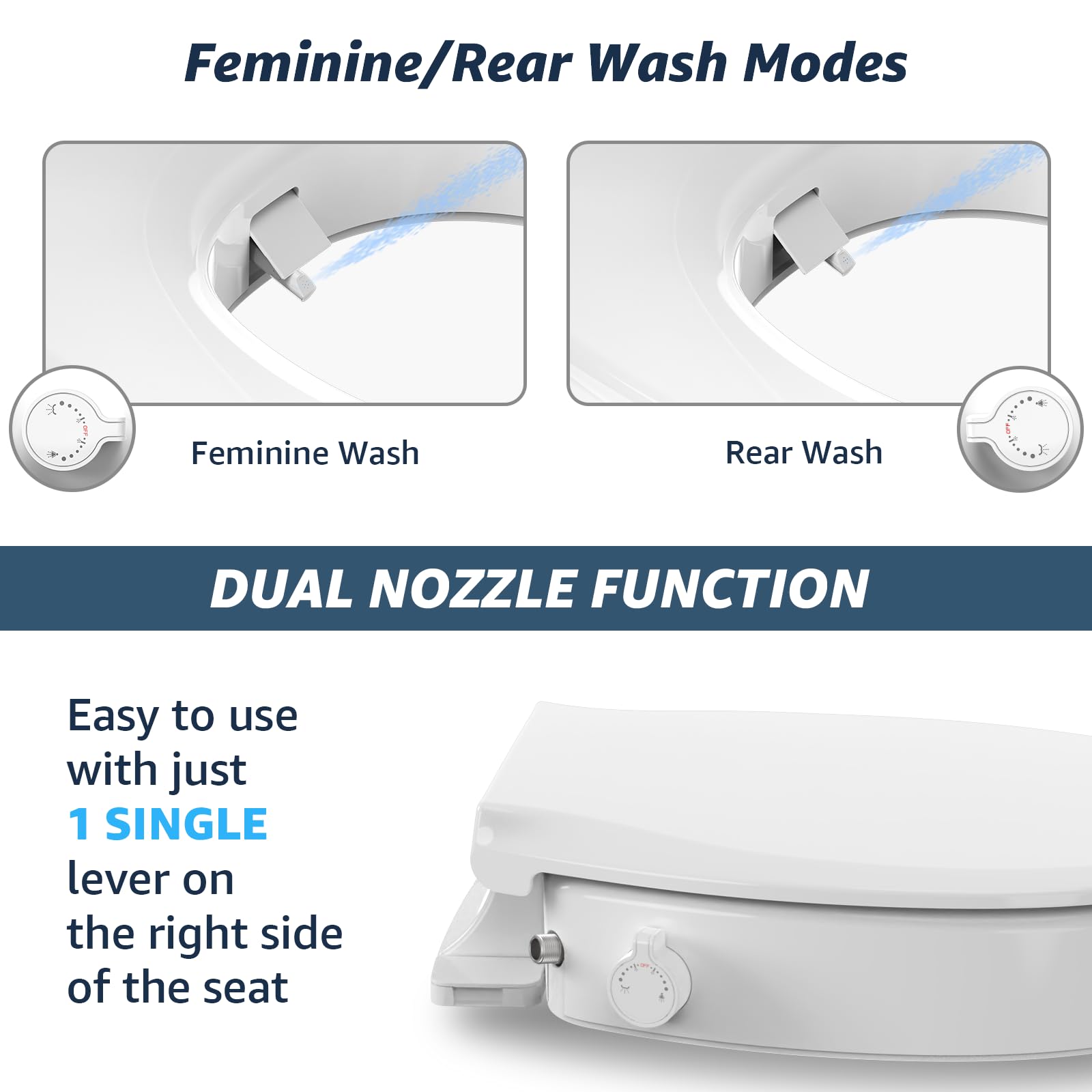 Huttdmel Sedile WC rotondo rialzato per bidet per anziani, alzata da 7,1 cm, chiusura ammortizzata, sgancio rapido, antiscivolo, non elettrico, lavaggio anteriore e posteriore per anziani, disabili e