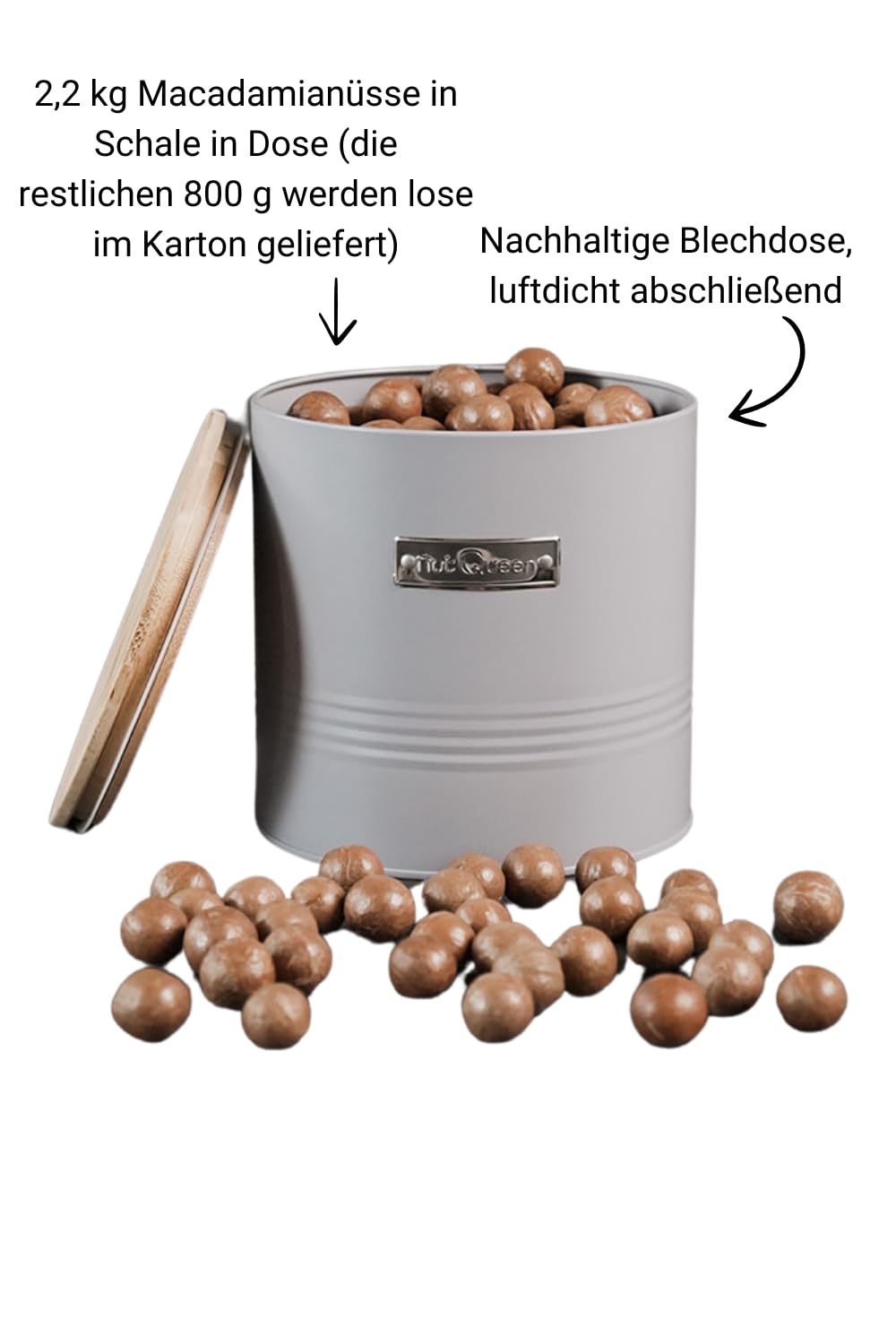 Vorratsset, 3 kg Macadamianüsse in Schale, luftdichte Aufbewahrungsdose aus Blech mit Bambusdeckel