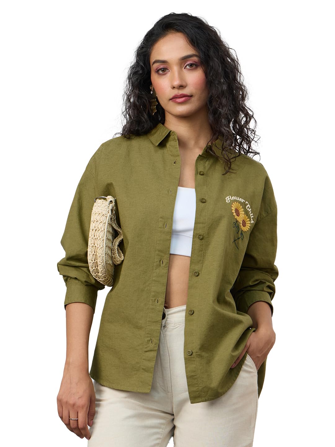 the souled store Cotton Linen: Flower Child Women and Girls Long Sleeves Collared Neck Button Front Green Embroidered Cotton Linen Boyfriend Shirts-picture-39