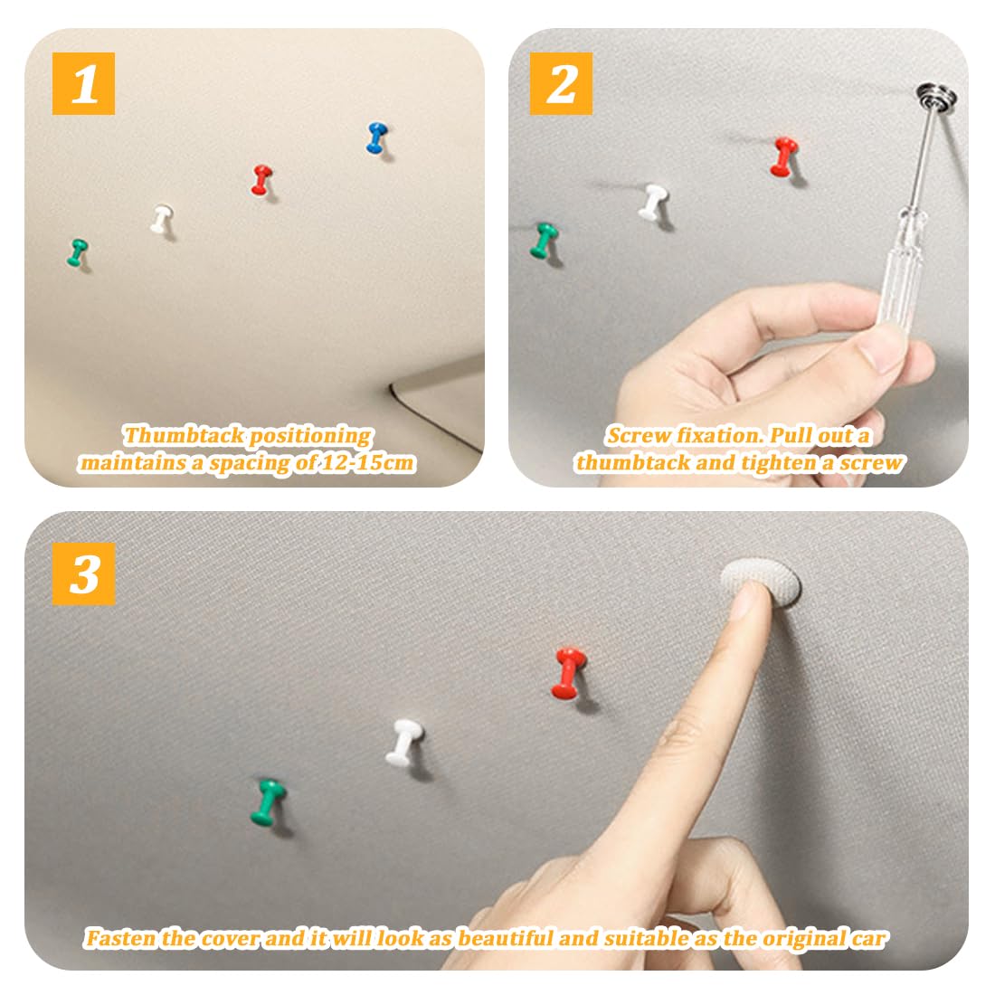 Kit Riparazione Cielo Auto, 65 Rivetti per Riparazione Tetto Auto + 65 Puntine Colorate+1 Cacciaviti+ 1 Metro a Nastro, Ripara Cielo Auto Set Riparazione Cielo Auto(grigio)