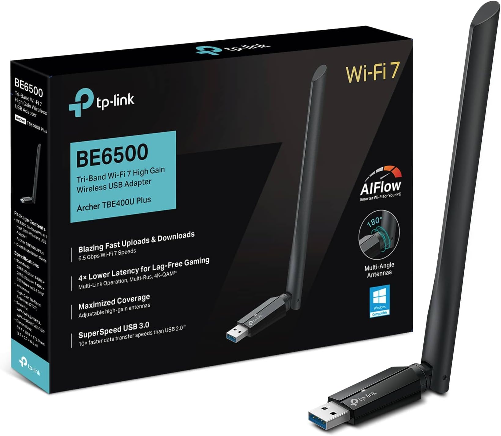 TP-Link Archer TBE400U Plus BE6500 USB WiFi Dongle for PC, WiFi 7 Tri-Band USB WiFi Adapter with High-Gain Antenna, MLO, USB 3.0, 4K-QAM, WPA3 Data Security, Plug & Play, Windows 10/11(64-bit)