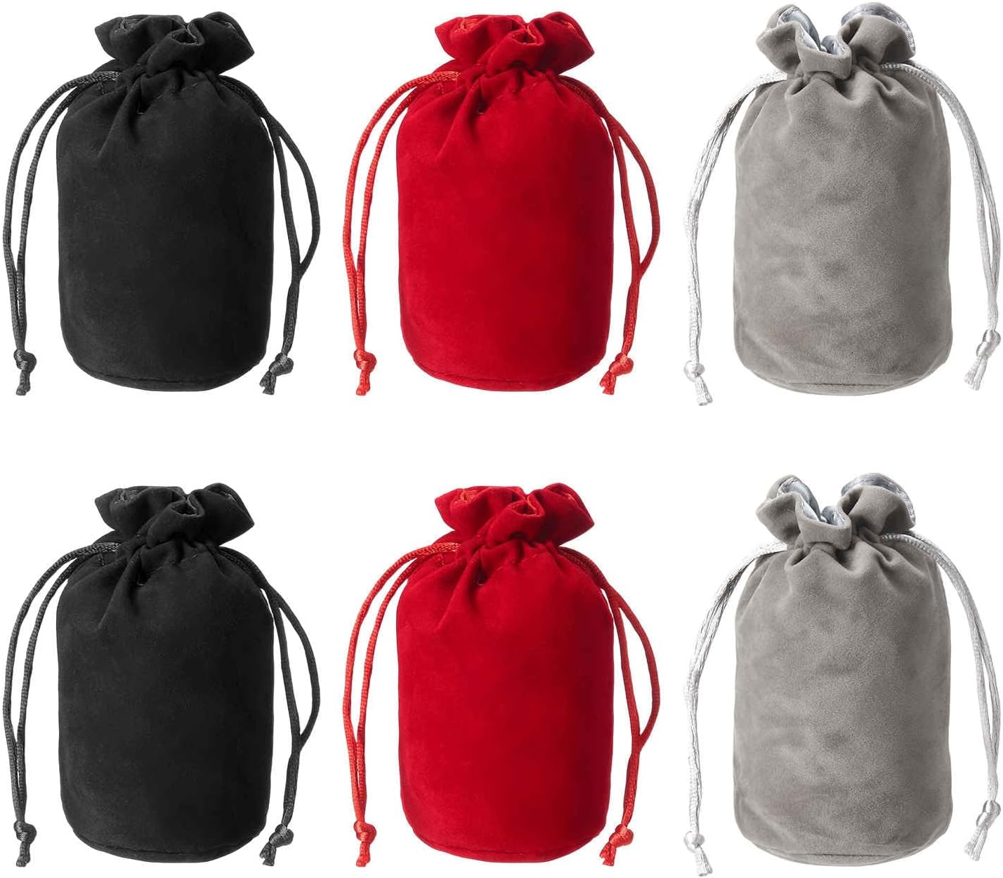 Drawstring Dice Bag 2.36"x4.92" Durable Velvet Fabric Cosplay Coin Pouch Perfect for Dice Storage & Jewelry & Chess & Tarot Cards & Board Gaming Accessories (Black+Red+Gray, 2set)