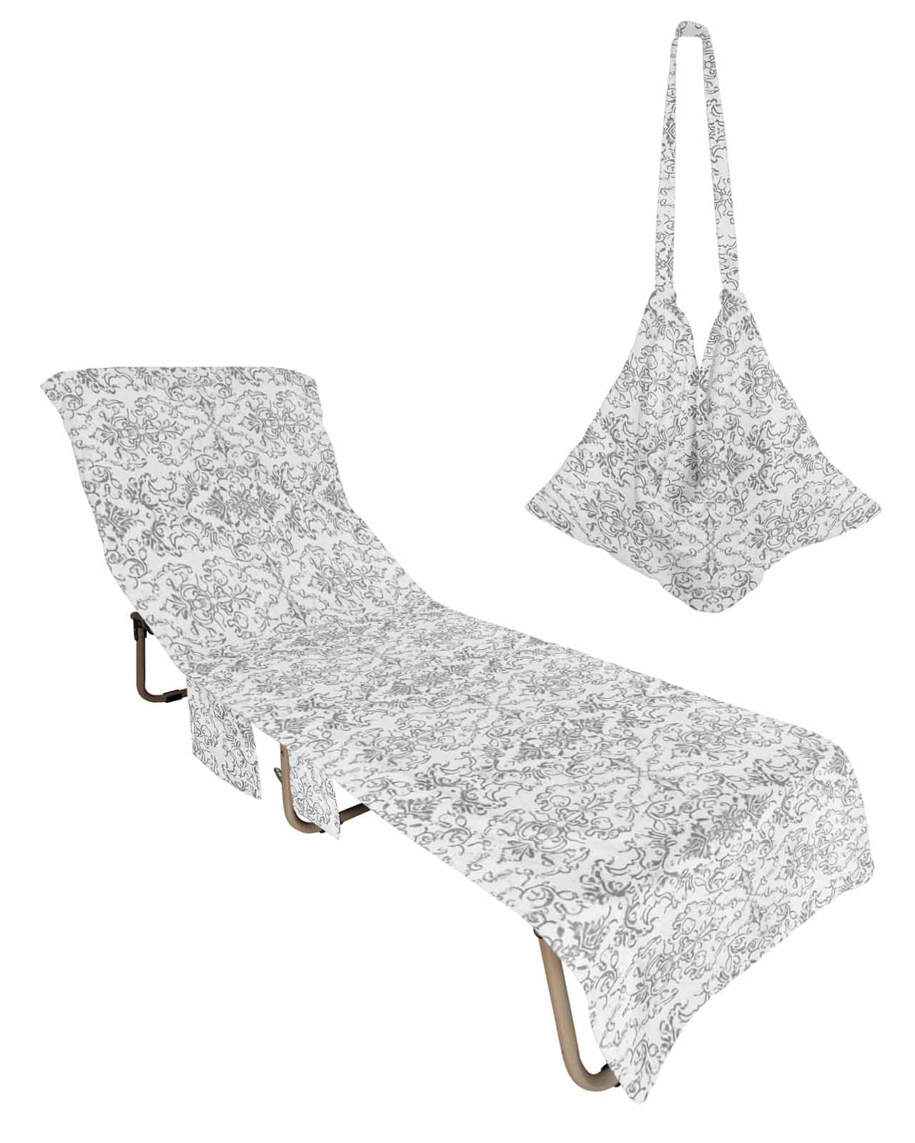 Beach Pool Patio Lounge Chaise Chair Cover Towel With Pockets,Gray Paisley Ethnic Absorbent & Quick Dry Microfiber Towel Cover Bag Summer Travel Accessories Vintage Tribal Bohemia Original Traditional