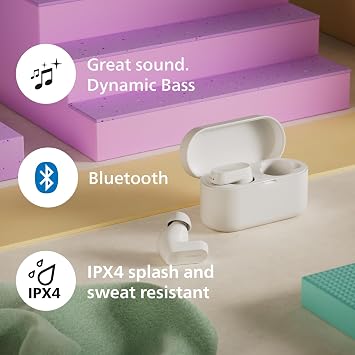 Philips TAT3509WT Noise Cancelling True Wireless In Ear Bluetooth Headphones - Natural sound, Dynamic bass, Pocket-sized charging case, Clear calls, Ideal for Commuting and Exercise - White