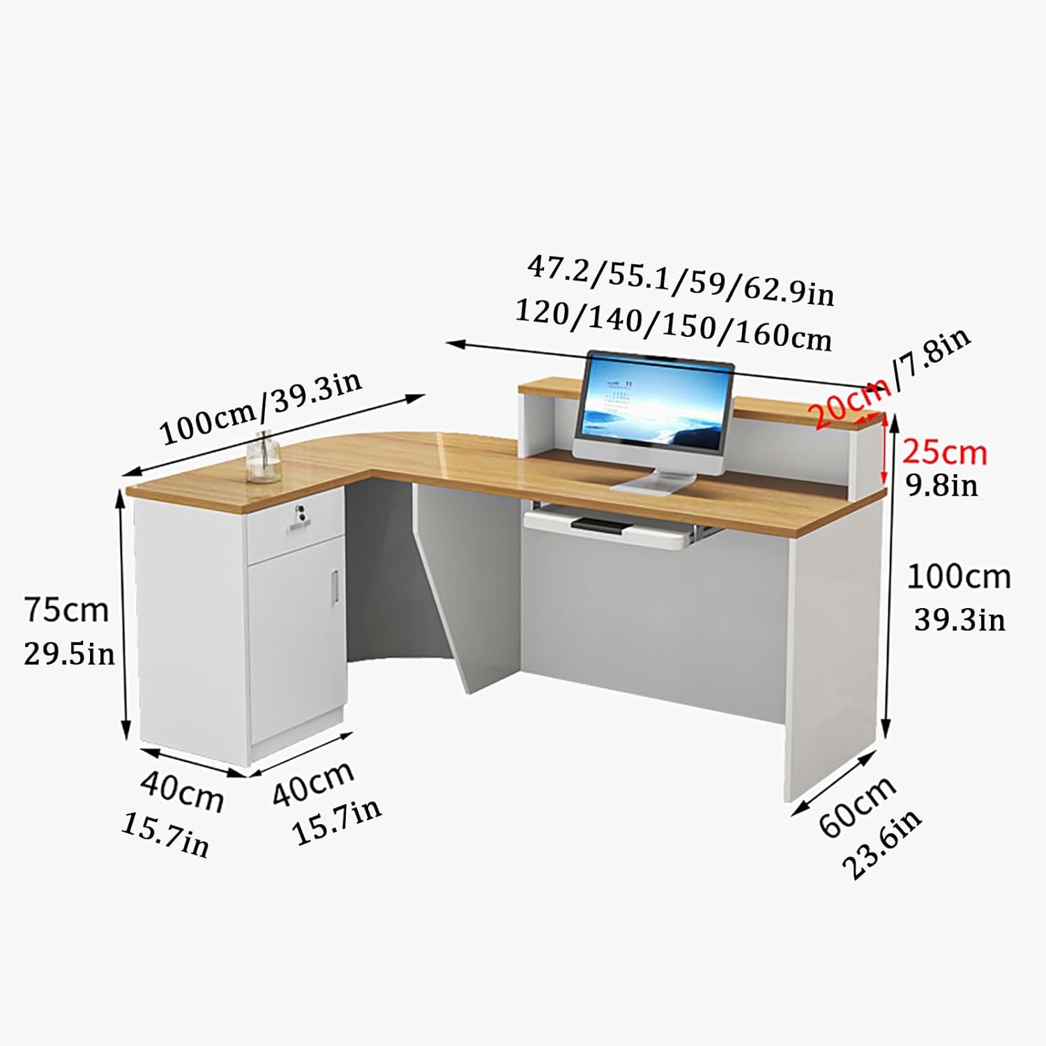 Front Desk, Reception Desk with Counter, Front Counter Desk with Keyboard Tray, Retail Checkout Counter, Reception Room Table with Cable Hole, for Lobbies, Salons(Ma