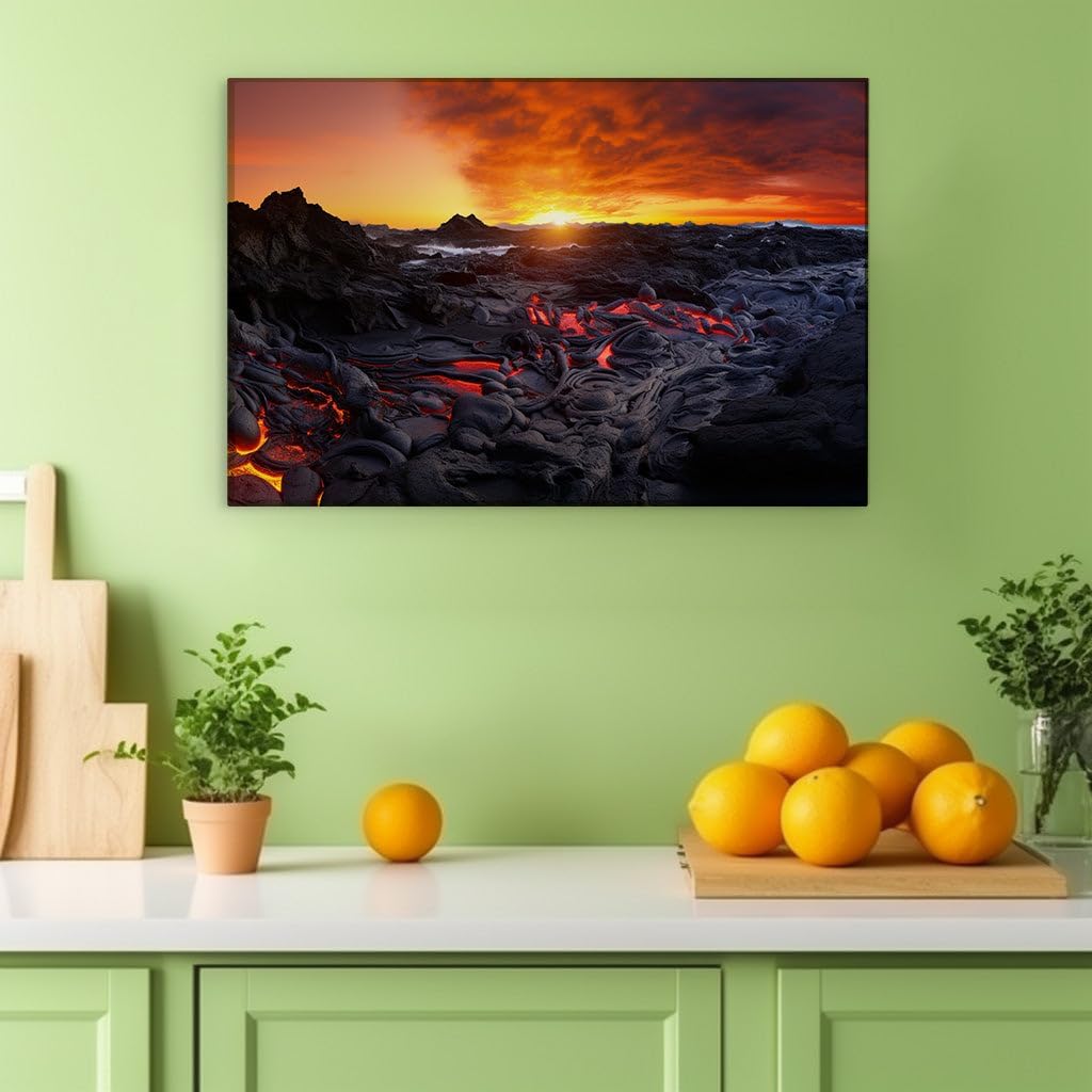Canvas for Living room. Igniting the Horizon: A Dance of Fire and Light Across the Volcanic Terrain, 27 x 18 inch Canvas Wall Art - Contemporary Masterpieces - Modern Home Decor